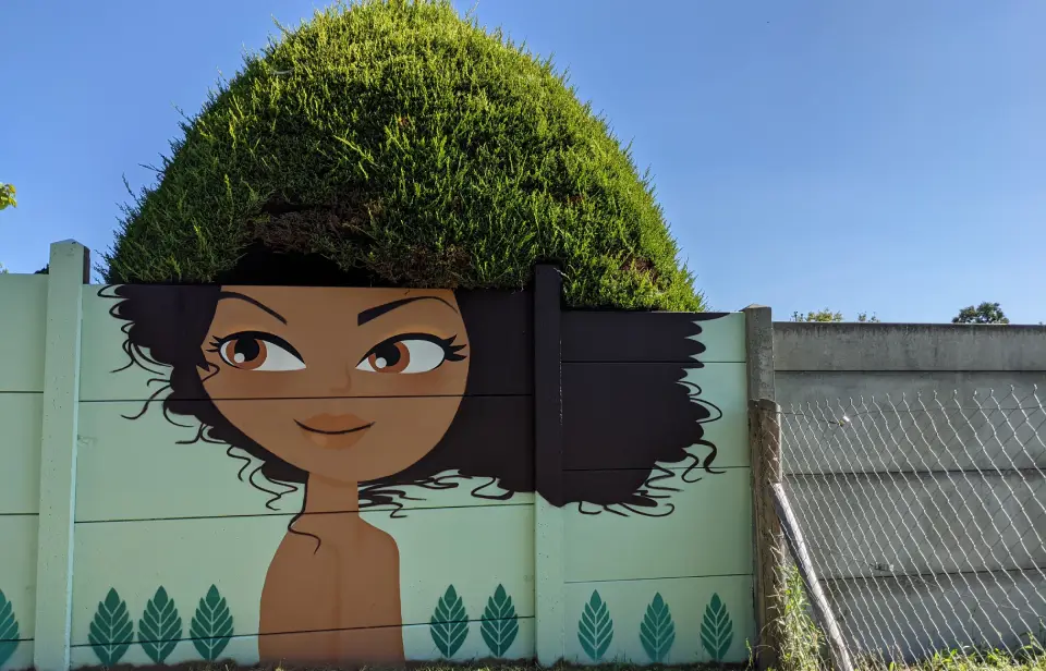 femme aux cheveux ample peinte sur un mur avec un arbre qui continue ses cheveux