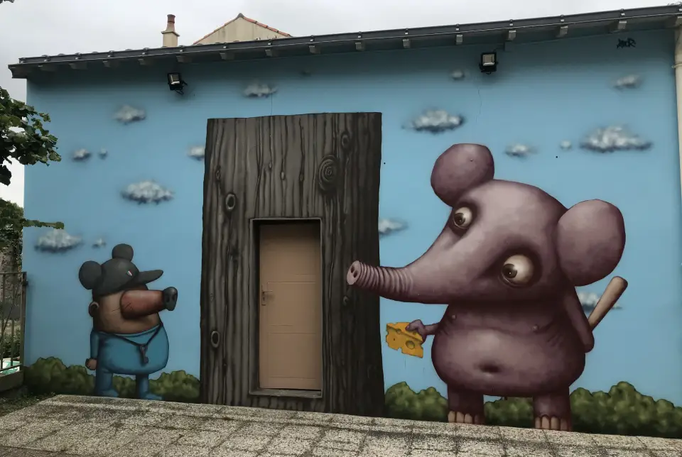 oeuvre representant 2 souris autour d'une porte dont l'une a un fromage tendu vers l'autre souris et une bate dans le dos