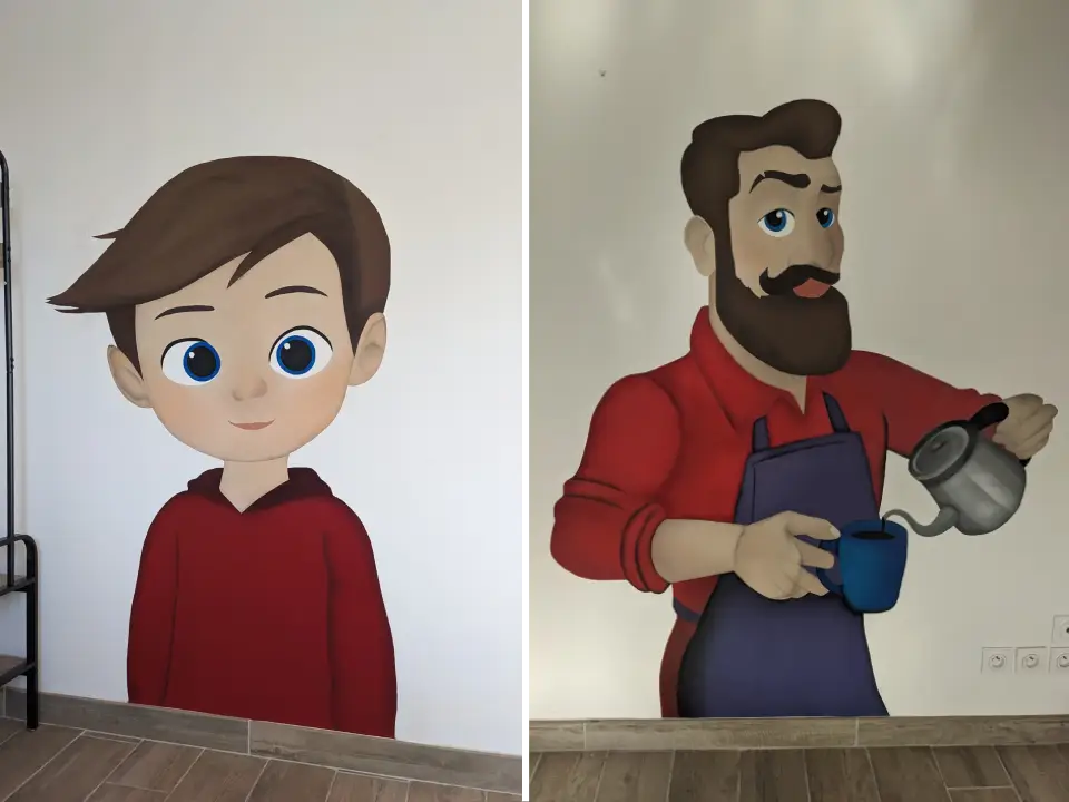 peinture d'un enfant et d'un serveur servant une tasse de café