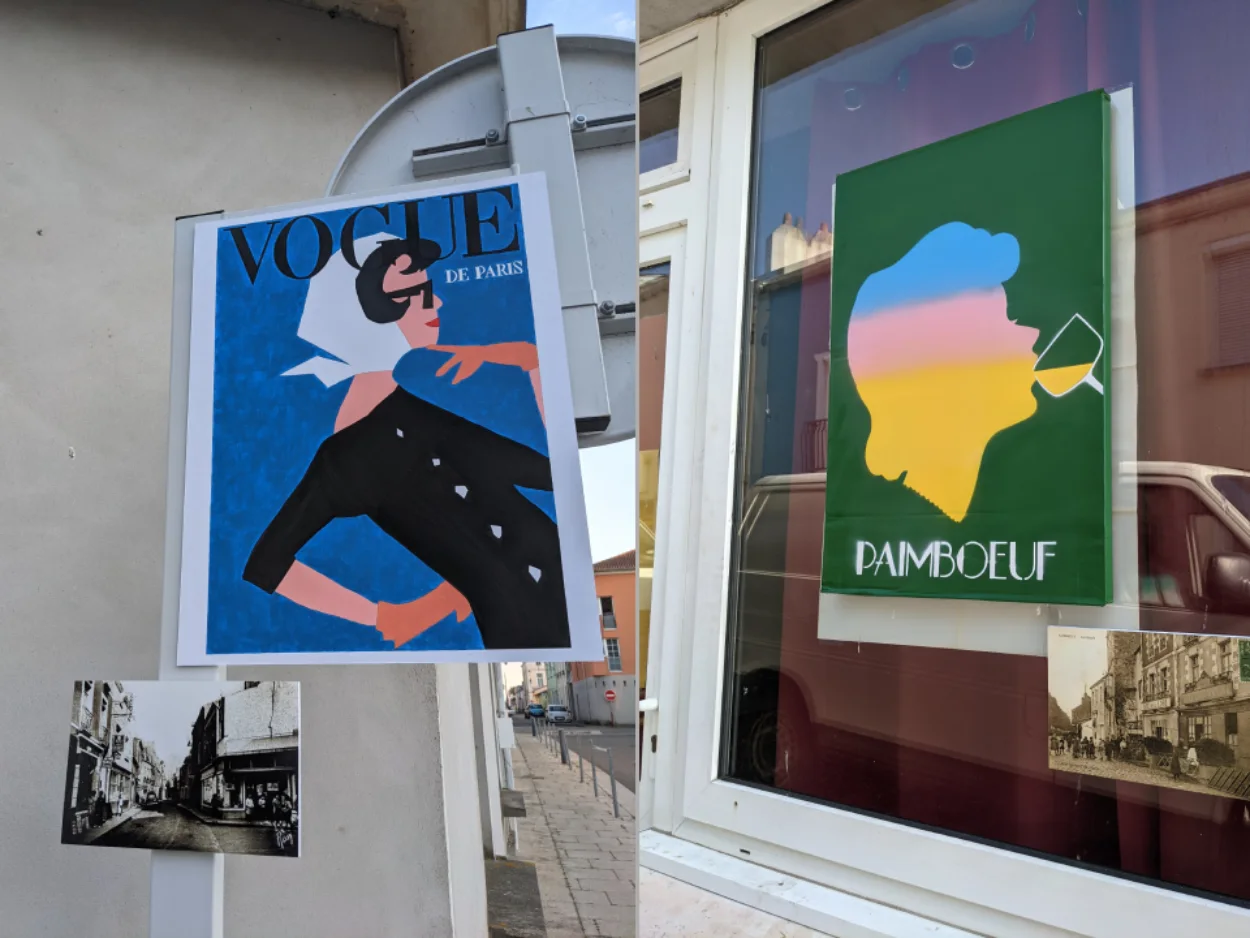 deux photos de devanture de magasin assemblée avec des pubs vintage et des photos d'archive de la devanture correspondante