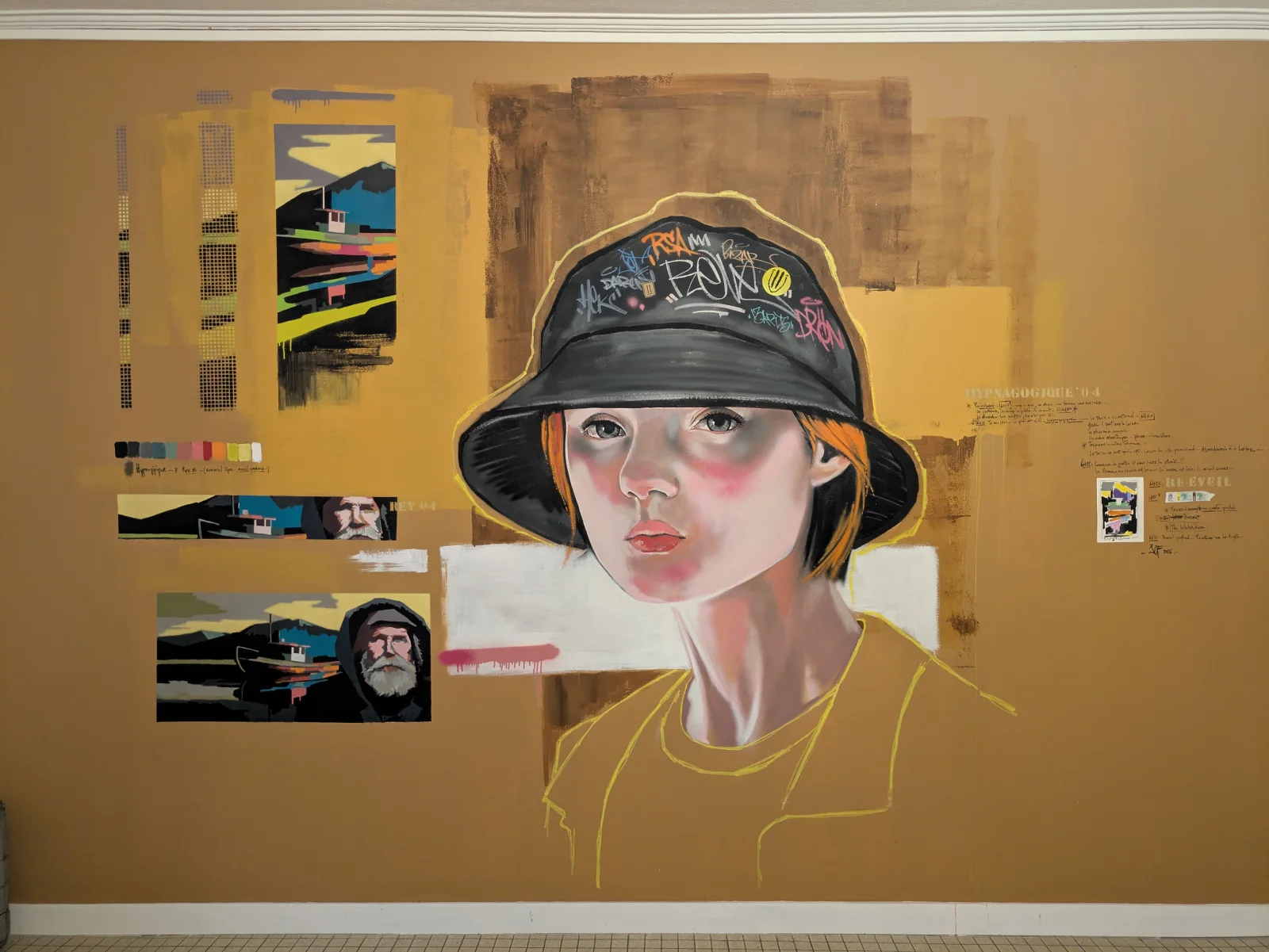 Peinture murale artistique d’un portrait de femme au style urbain avec chapeau bob noir, réalisée dans les locaux de l’association 13 Arts