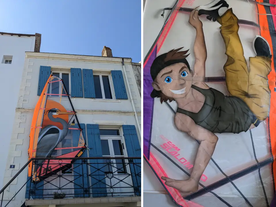 a gauche la peinture d'une voile avec un oiseau. a droite une peinture d'un street dancer.